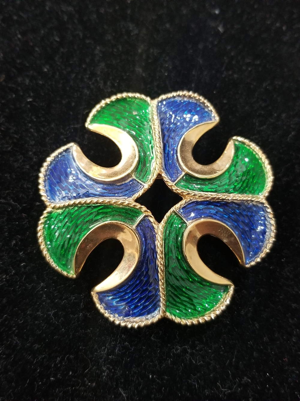 Trifari Gold-Tone Blue & Green Maltese Enamel Vintage Floral Cross Brooch